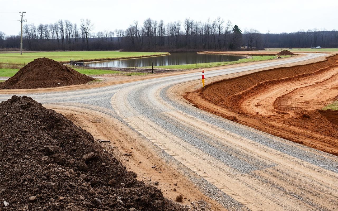 New gravel drive, spoil piles and a graded drainage swale on Indiana acreage