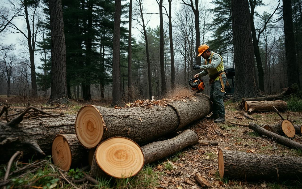 Large hardwood taken down and bucked into sections on a wooded Indiana property
